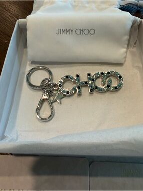 Jimmy Choo Marion Blue & Green Crystal Accent Logo Silver-Tone Bag Charm/Keyring